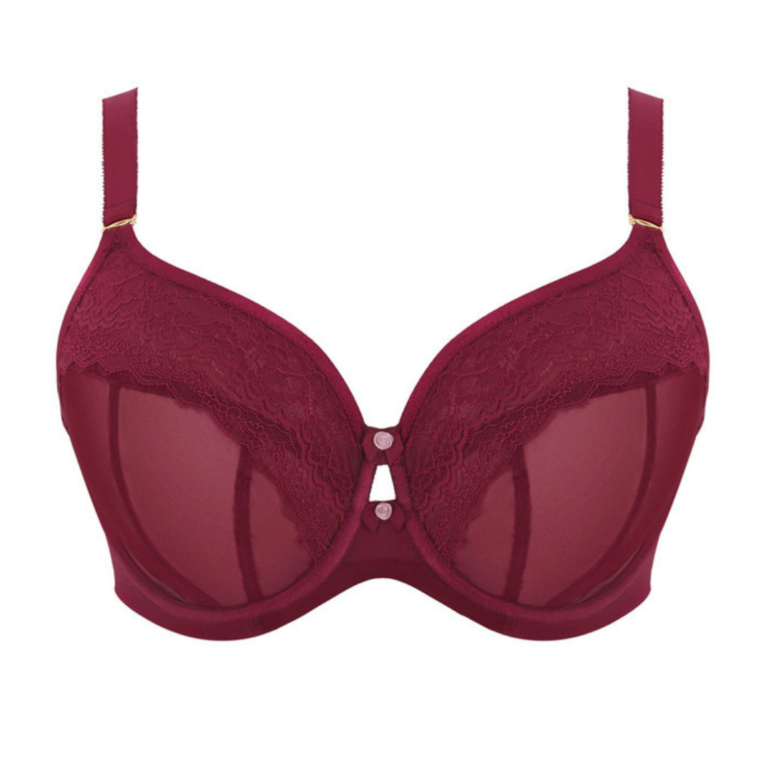 Burgundy bra: Deep red underwire bra with sheer lower cups, lace upper cups, a keyhole cutout at the center, and dual front buttons.
