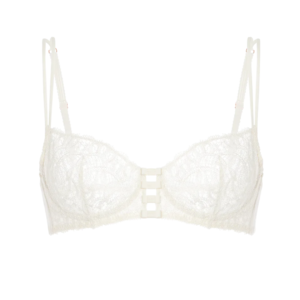Strappy lace bra: Sheer white lace underwire bra with a cut-out center design featuring horizontal strap details and double shoulder straps.
